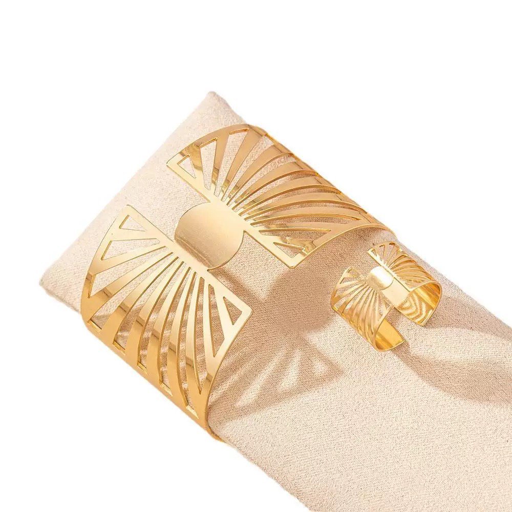 14K Gold Plated Golden Radiance Adjustable Geometric Ring And Cuff Set