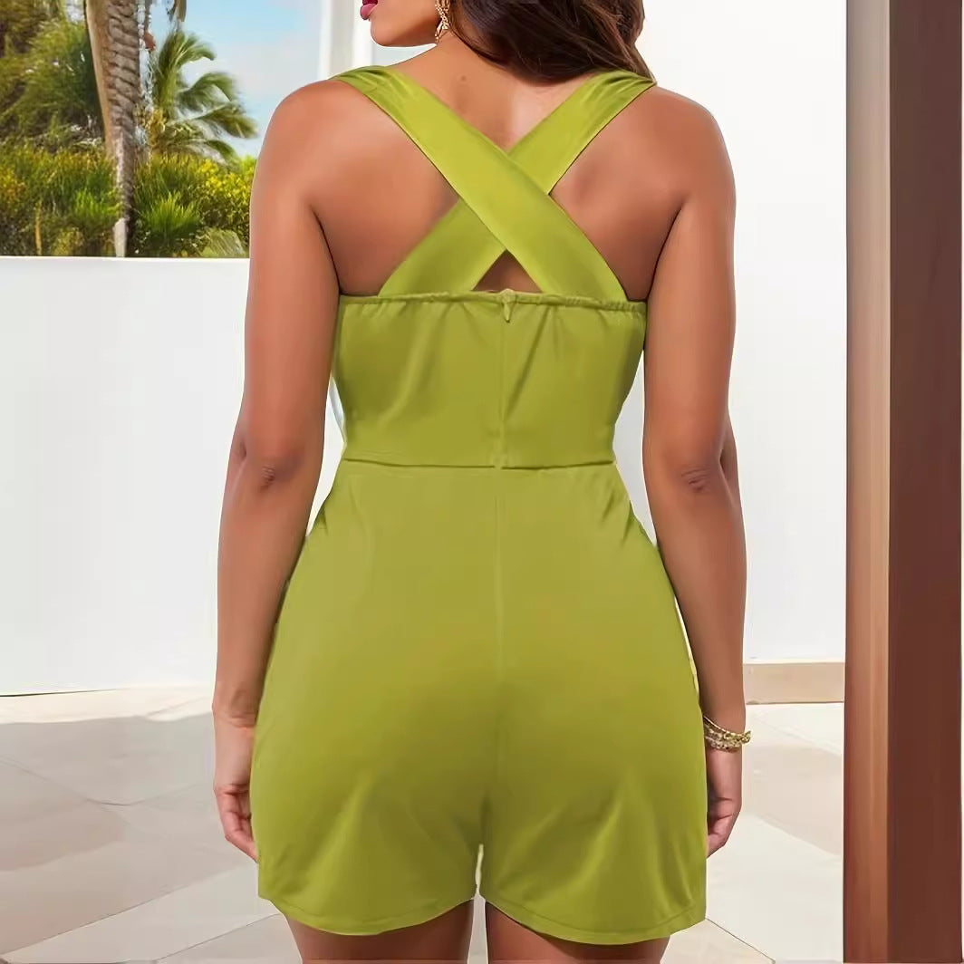 Solid Color Women's Sleeveless Jumpsuit Cross Sleeveless Sling Jumpsuit