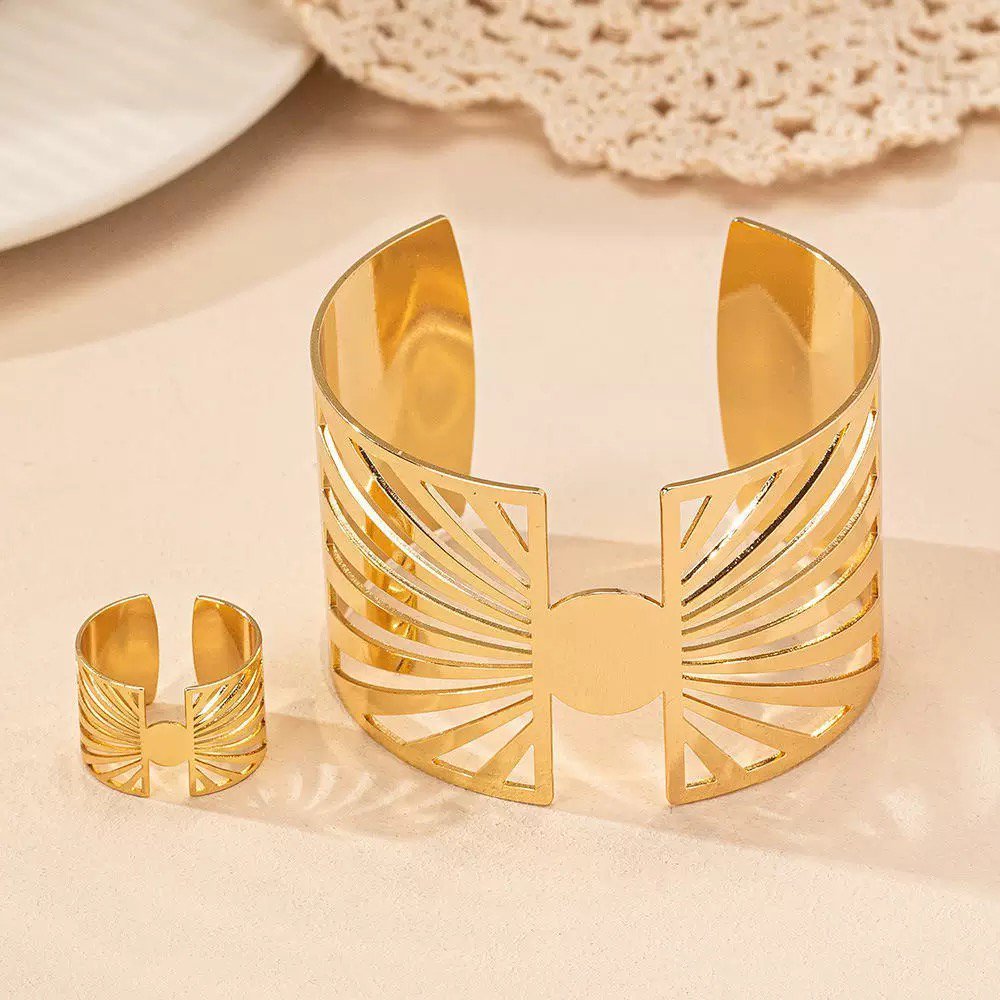 14K Gold Plated Golden Radiance Adjustable Geometric Ring And Cuff Set