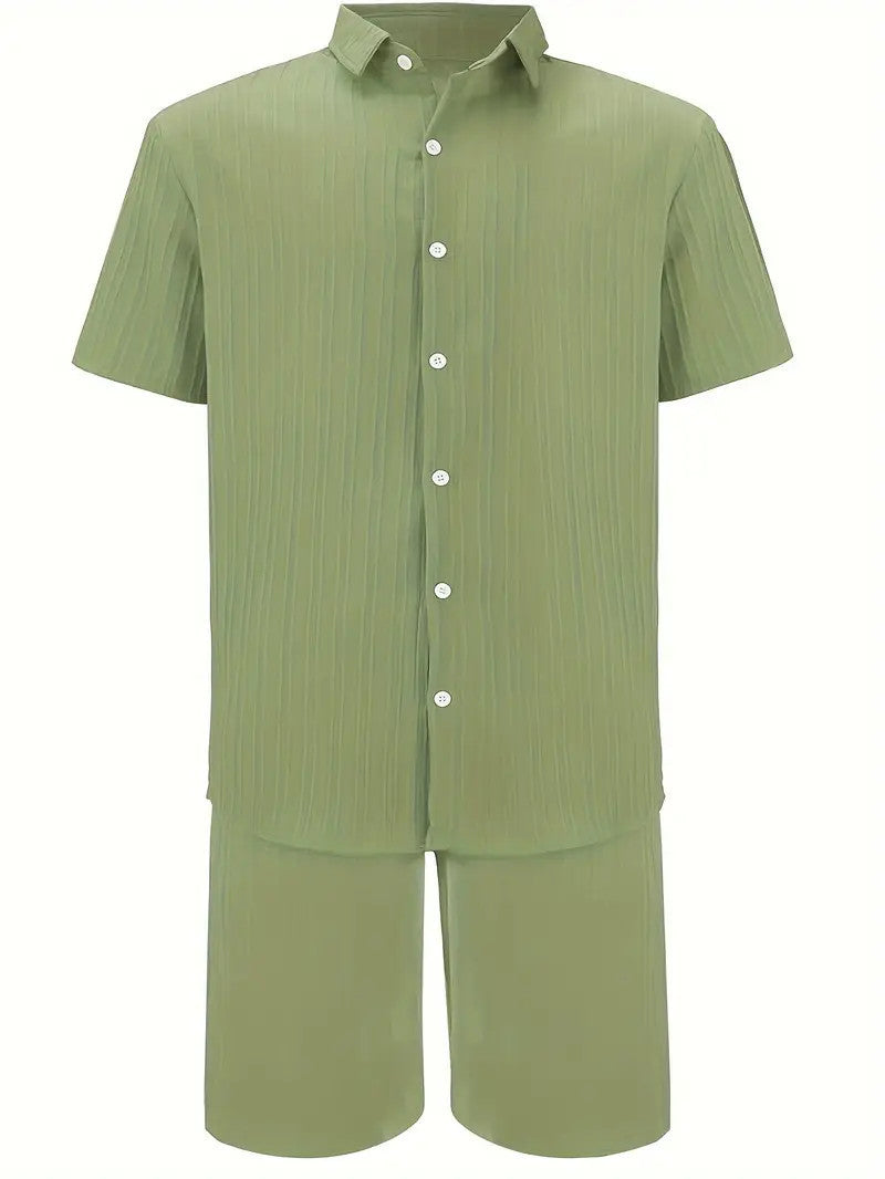 Men's Summer Two-Piece Set Casual Pleated Striped Shirt With Drawstring Shorts, Short Sleeve Workwear Outfit, Lounge Suit