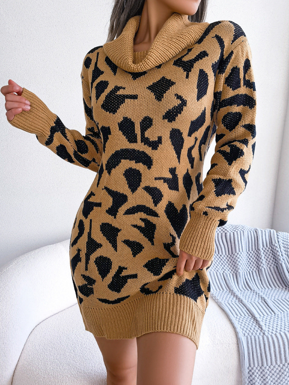 Leopard Print Long Sleeve Bottoming Sweater Dress