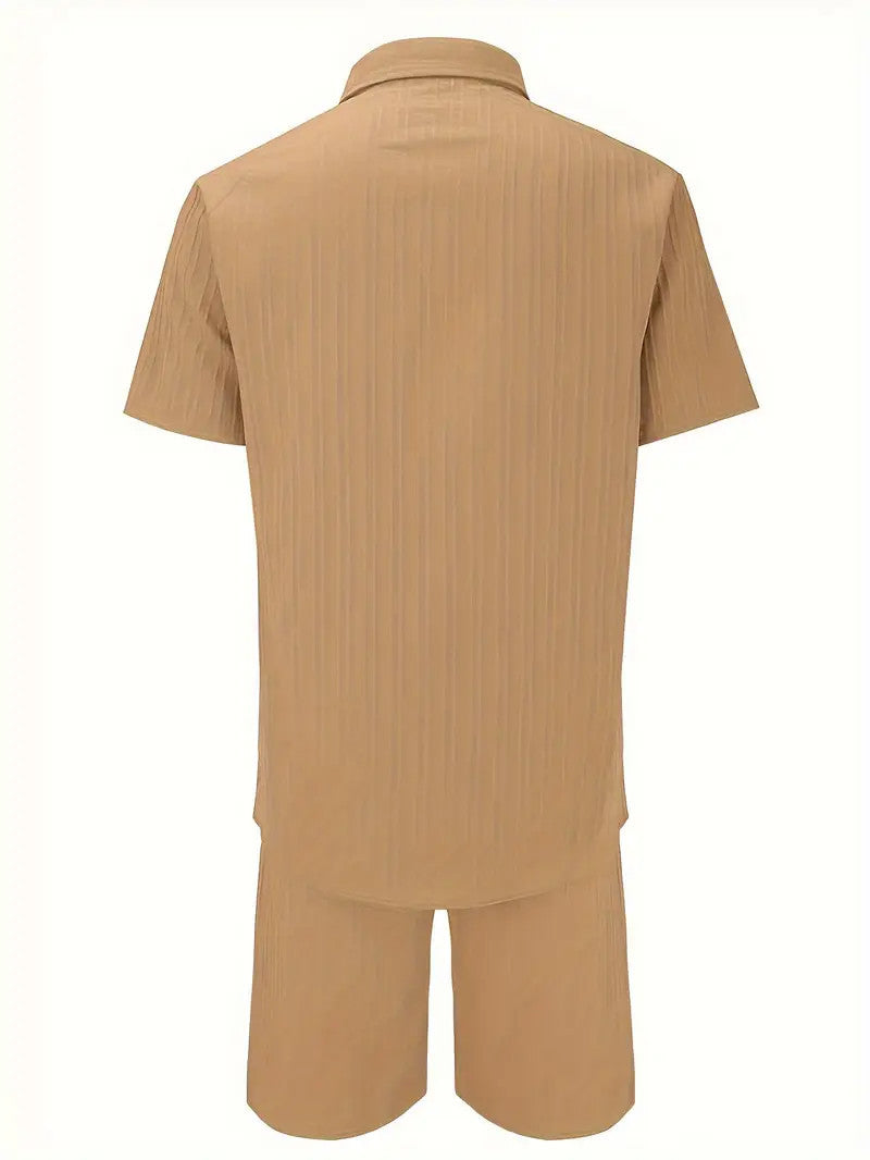 Men's Summer Two-Piece Set Casual Pleated Striped Shirt With Drawstring Shorts, Short Sleeve Workwear Outfit, Lounge Suit