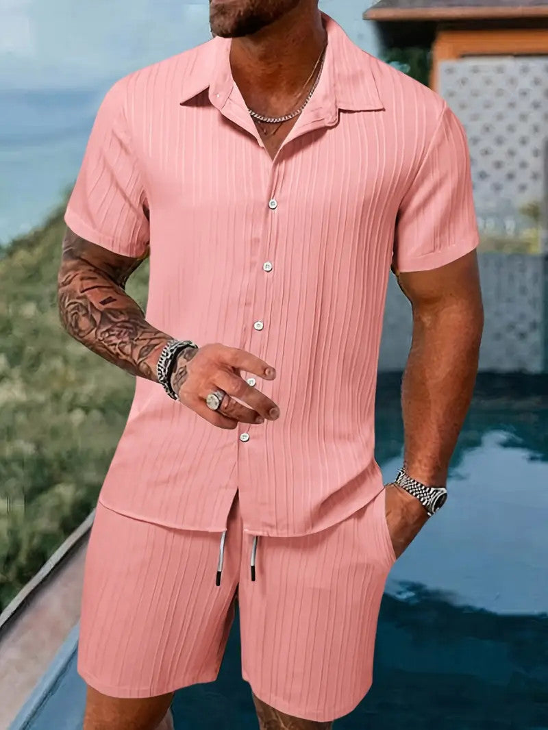 Men's Summer Two-Piece Set Casual Pleated Striped Shirt With Drawstring Shorts, Short Sleeve Workwear Outfit, Lounge Suit