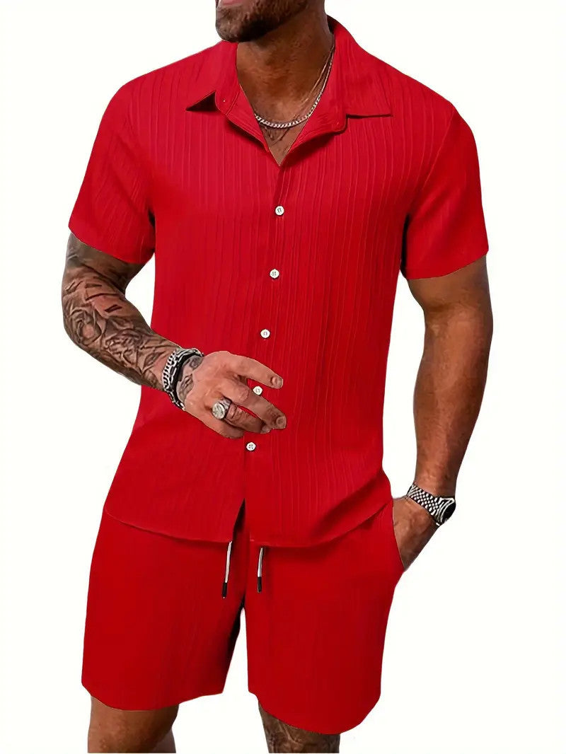 Men's Summer Two-Piece Set Casual Pleated Striped Shirt With Drawstring Shorts, Short Sleeve Workwear Outfit, Lounge Suit