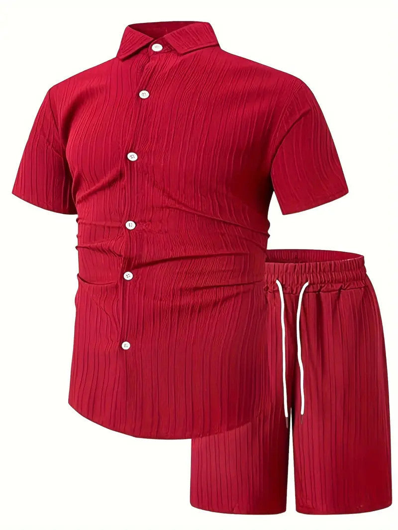 Men's Summer Two-Piece Set Casual Pleated Striped Shirt With Drawstring Shorts, Short Sleeve Workwear Outfit, Lounge Suit