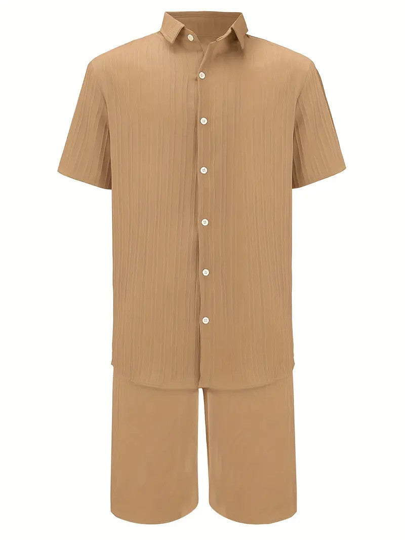 Men's Summer Two-Piece Set Casual Pleated Striped Shirt With Drawstring Shorts, Short Sleeve Workwear Outfit, Lounge Suit